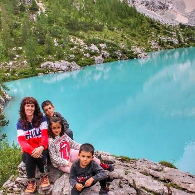 Lake Sorapis on the Dolomites route with motorhome with children