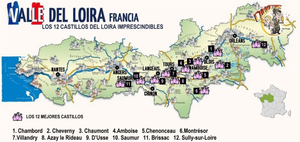 Mapa dos castelos do Loire