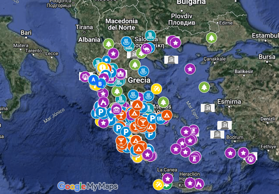 Mapa de lugares de interés y lugares de pernocta en Grecia en autocaravana o camper