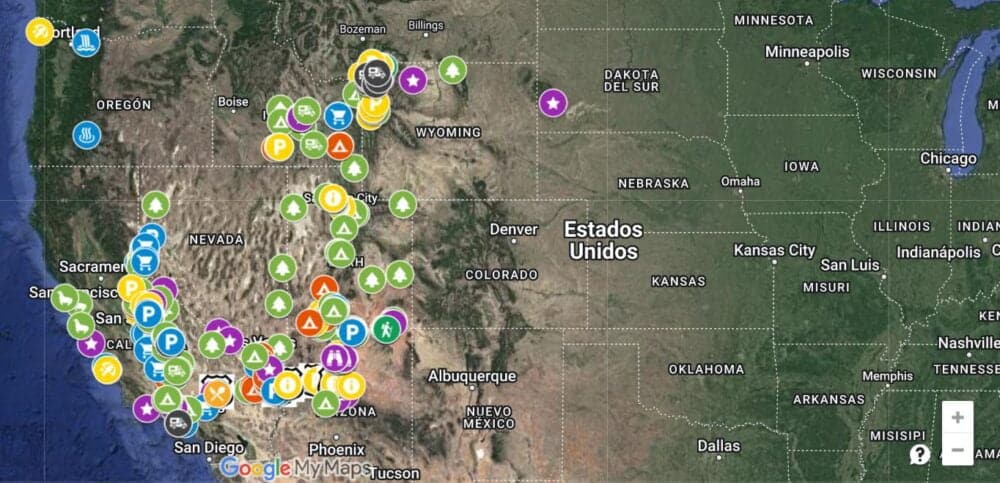 El mapa que hicimos para planificar nuestra ruta por la Costa Oeste en autocaravana en nuestro viaje por Estados Unidos con niños en familia