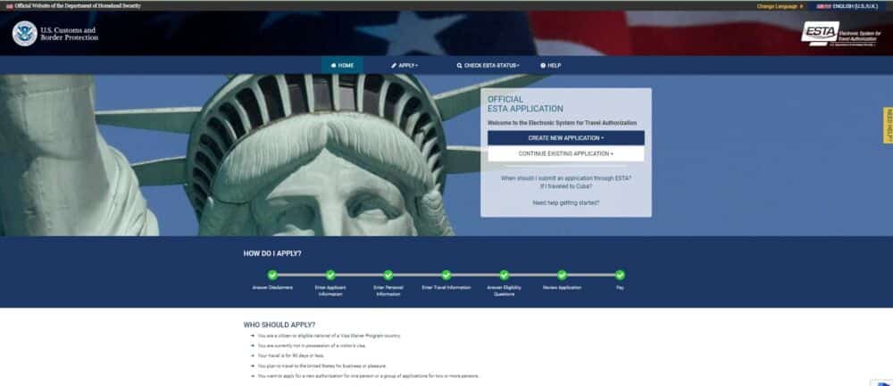Web oficial de tramitación del ESTA para viajar a Estados Unidos 