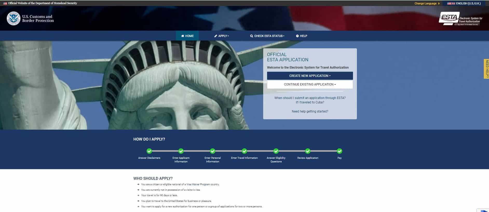 Web oficial de tramitación del ESTA para viajar a Estados Unidos