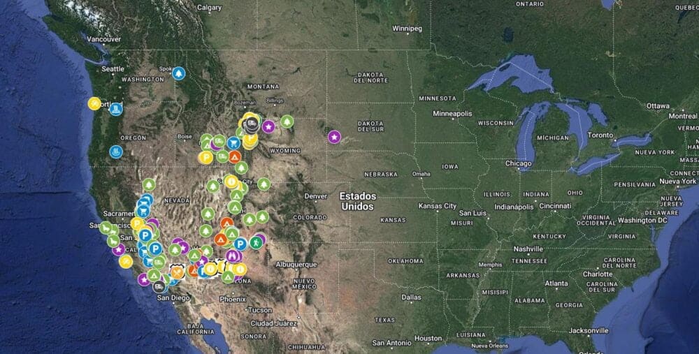 Mapa interactivo para ver los lugares donde pernoctar, aparcar y visitar en una ruta por la Costa Oeste en autocaravana 