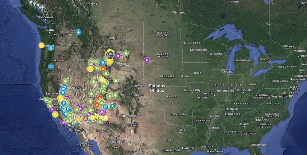 Interactive map to see places to spend the night, park and visit on a route through the United States by motorhome