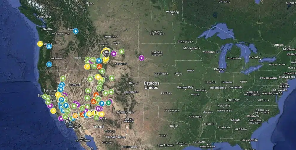 Mappa interattiva per vedere luoghi dove pernottare, parcheggiare e visitare in un itinerario attraverso gli Stati Uniti in camper