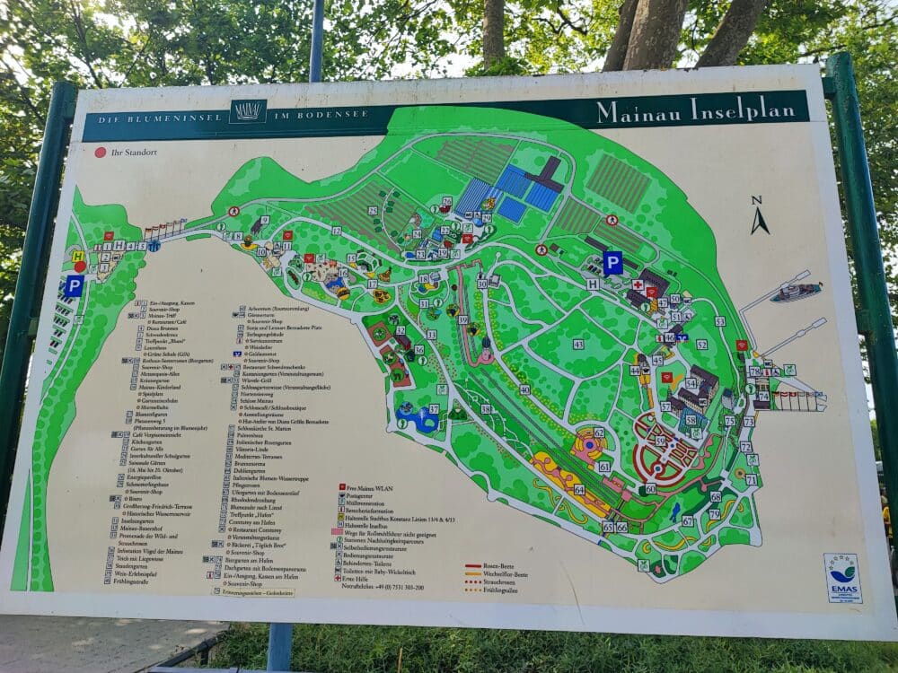 Karte der Insel Mainau, der Blumeninsel, erster Stopp nach Constanta mit dem Fahrrad