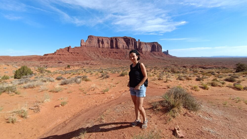 Dahinter, im Hintergrund, sieht man inmitten der Felsen die Pferdetour im Monument Valley.