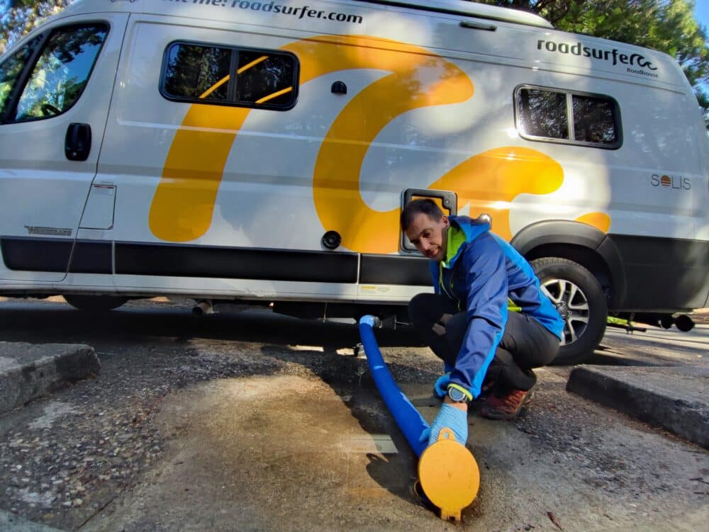 Emptying gray water at a dump station at a public campsite in Calaveras Big Trees