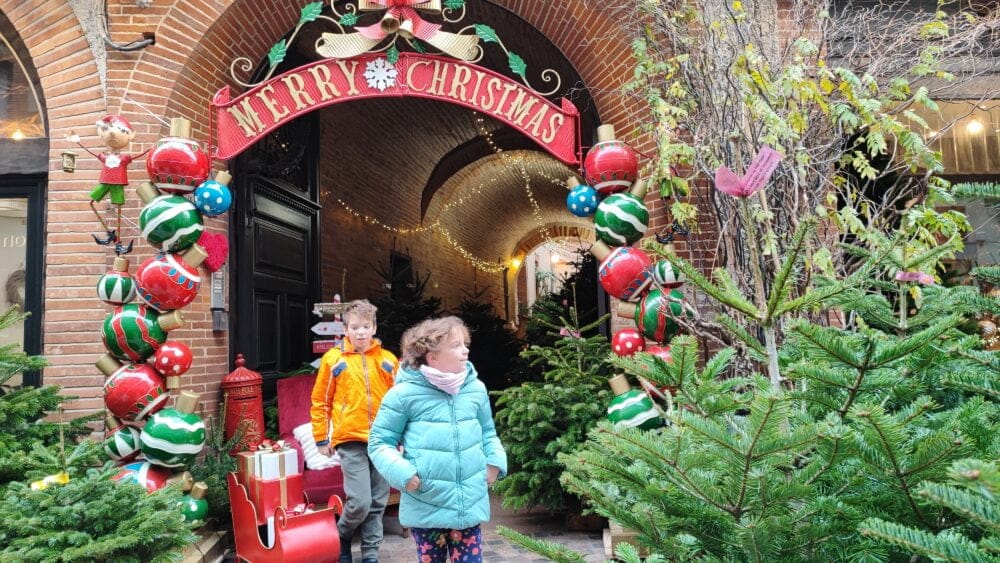 Mountauban décoré pour Noël le long d'une de ses rues commerçantes