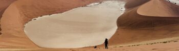 Desierto del Namib, en Namibia, En el Sossvlei, viendo el salar de árboles muertos Deathvlei des de arriba de la duna Big Daddy
