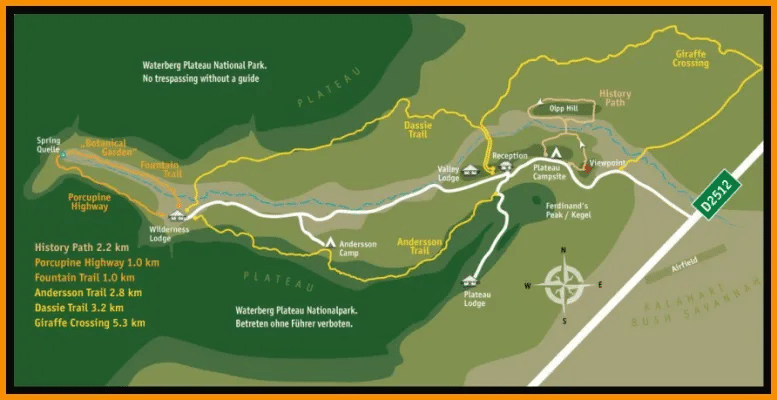 Mapa de senderos de Waterberg Wilderness Lodge en Namibia