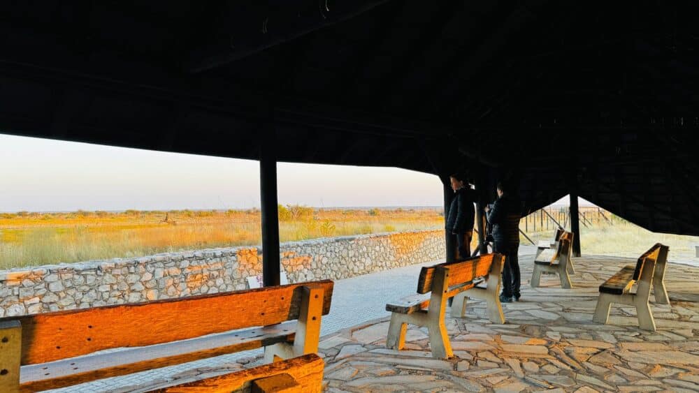 Das Galton Gate war unser Ausgangspunkt nach drei erlebnisreichen Tagen im Etosha-Nationalpark. Bevor wir den Park verließen, wurde unser Fahrzeug vom Militär kontrolliert, um sicherzustellen, dass wir keine Drohnen, frisches Fleisch oder Plastiktüten mitführten – einige der strengsten Regeln in diesem namibischen Nationalpark.