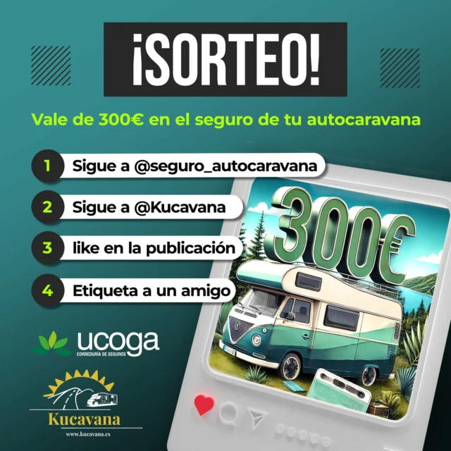 ✨ ¡SORTEO! 🚐🚌🚍

¿Te gustaría ganar un premio increíble para tus aventuras en autocaravana o camper? 

¡Participa en el sorteo junto a @seguro_autocaravana y gana 300 euros para tu seguro de autocaravana o camper con ellos! 🎉

👉 ¿Cómo participar?

1️⃣ Sigue a @seguro_autocaravana y @kucavana en Instagram.

2️⃣ Menciona a un amigo en los comentarios (¡cuantos más comentarios, más oportunidades de ganar!).

3️⃣ Dale “Like” a esta publicación.

📆 Participa desde hoy, 21 de marzo, hasta el 31 de marzo a las 12:00h.

🏆 Anunciaremos al ganador/a el 1 de abril en stories de @kucavana.

⚠️ Sorteo válido en España para mayores de 18 años. Consulta las bases en el link de la bio.

¡Mucha suerte! 🍀🚐💨

#seguroautocaravana #seguroautocaravanas #segurocamper #autocaravana #vanlife #campervan #campervanlife🚐 #enautocaravanamolamas #enfurgomolamas